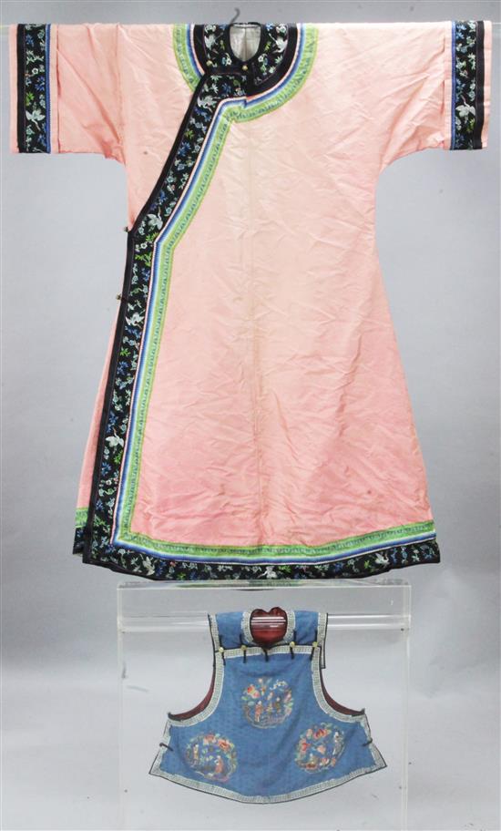 A Chinese pink silk damask robe and a blue damask waistcoat